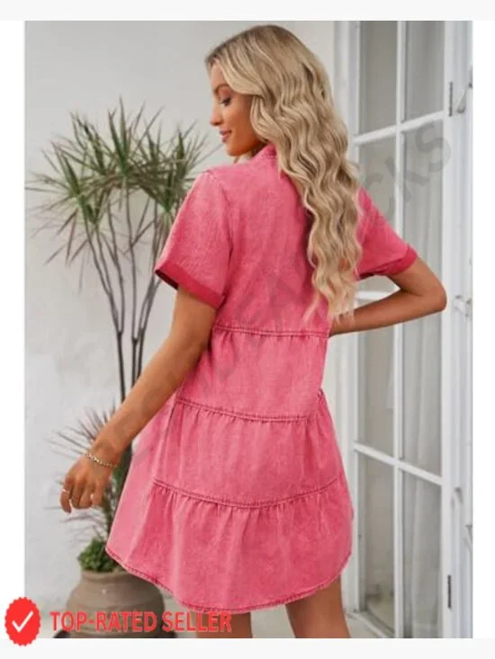 Denim Babydoll Dress Flowy Tiered Button Down Short Sleeve Casual Chic - Picture 2 of 7